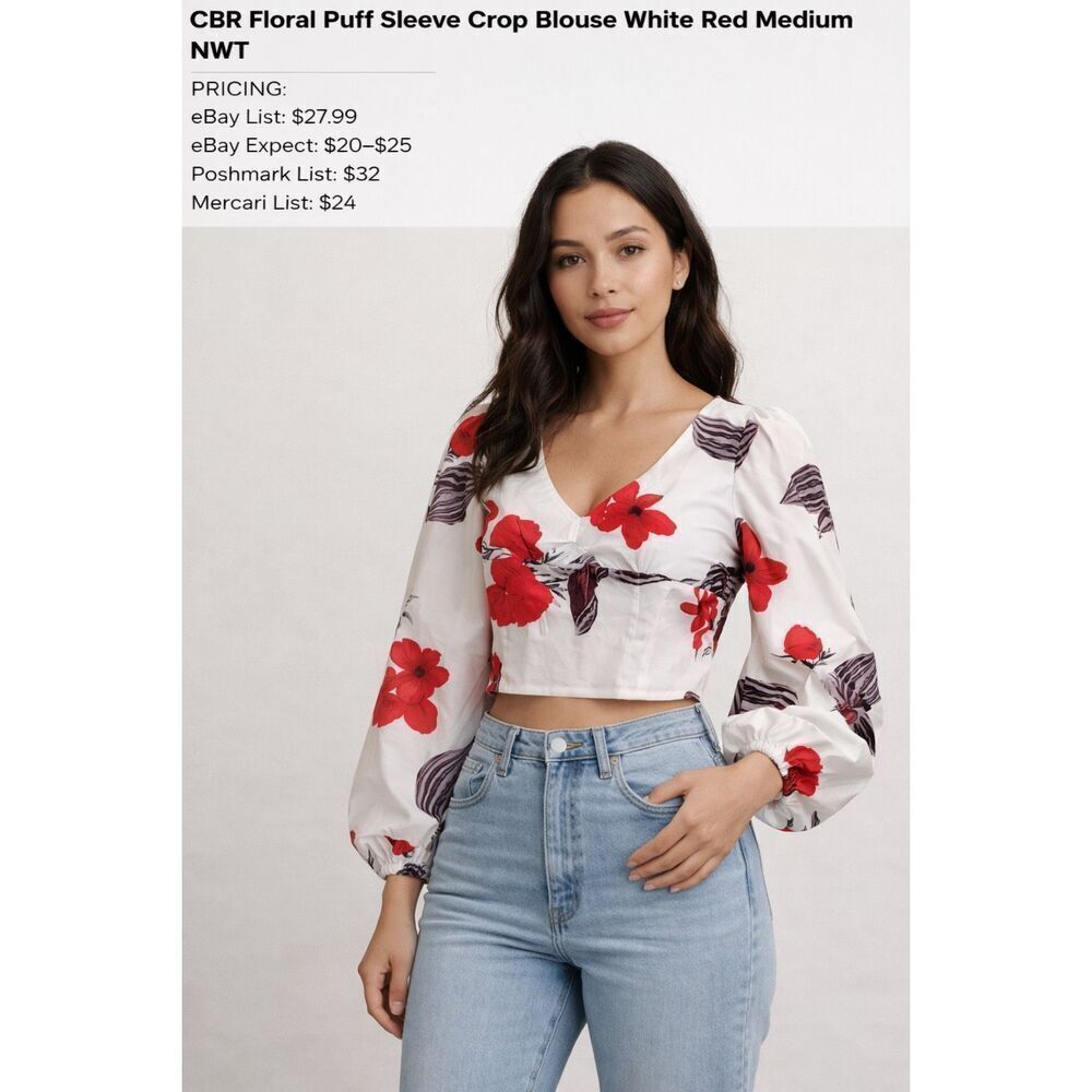 CBR Floral Puff Sleeve Crop Blouse White Red Medium NWT